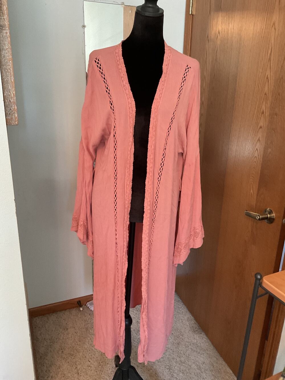 Gimmicks by BKE Pink Boho Crochet Lace Textured Gauze Long Duster Cardigan XL